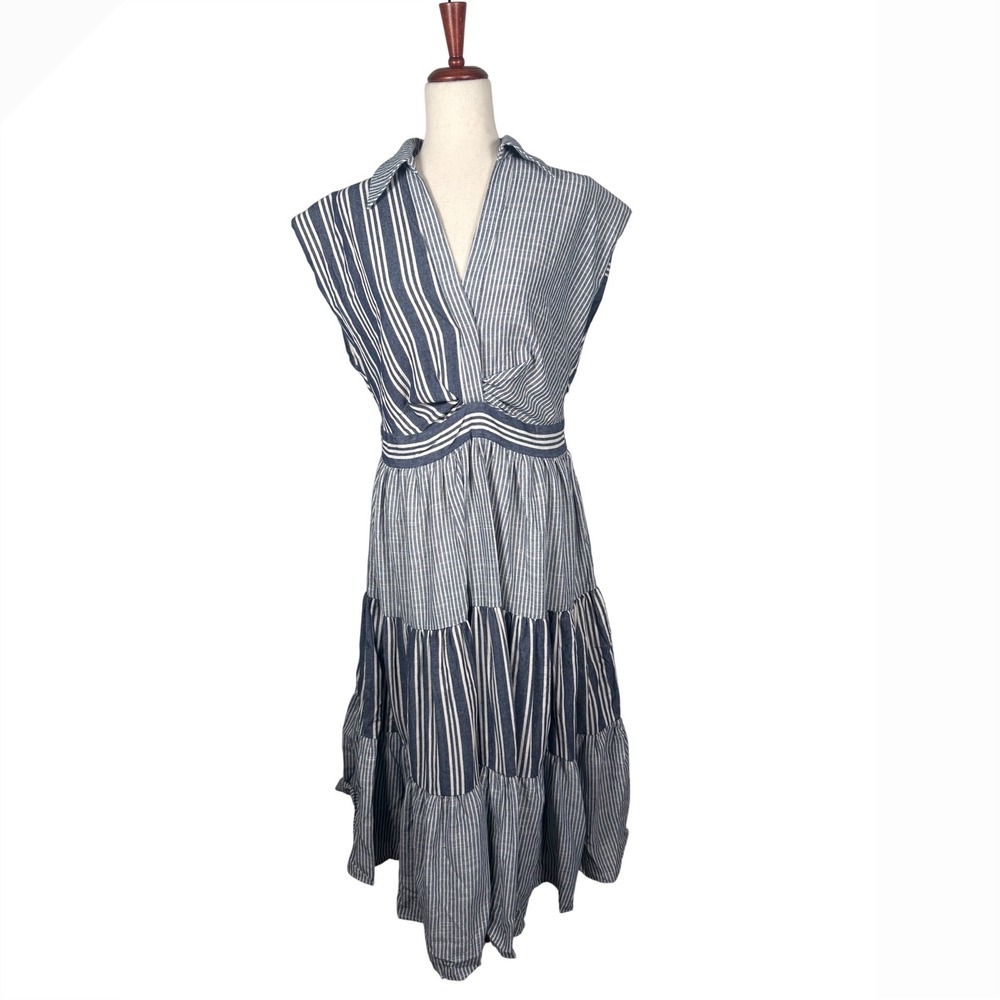 FORE Navy Striped Wrap Maxi Dress Tiered Nautical Beach Sailor Vacation Resort L